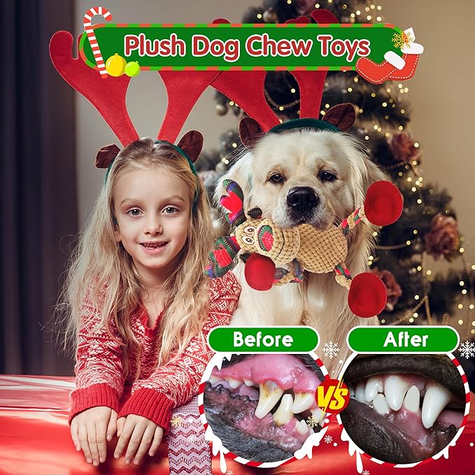 Christmas Plush Squeaky Dog Toy With Crinkle Paper, Cute Puppy Toys With Cotton, Durable Interactive Chew Toys for Small Medium Large Breed