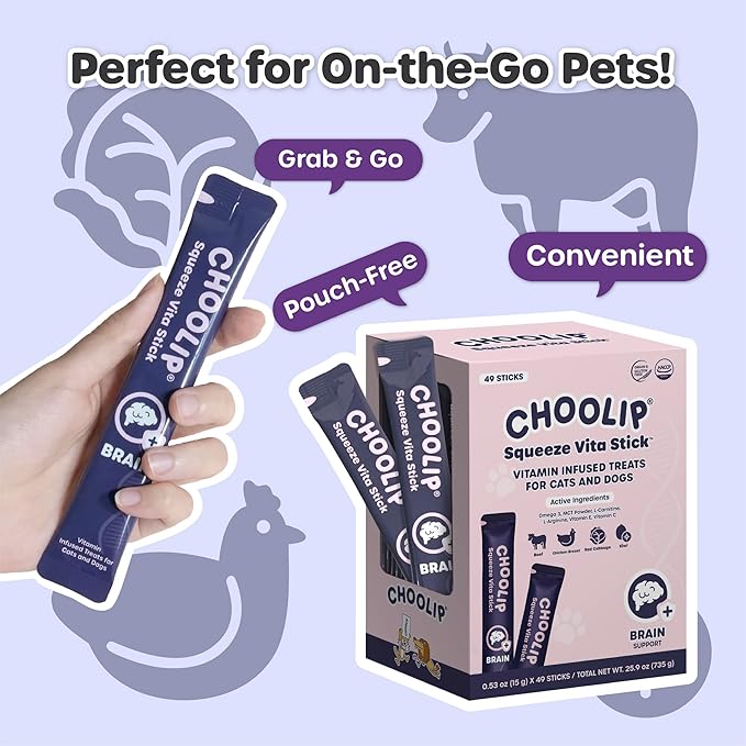 Choolip Squeeze Vita Stick Lickable Cat Treats & Dog Puree – 49-Count Brain Support Tubes, Creamy Grain-Free High-Protein Puree with DHA, Omega 3 & Vitamin B12 for Memory & Cognitive Health