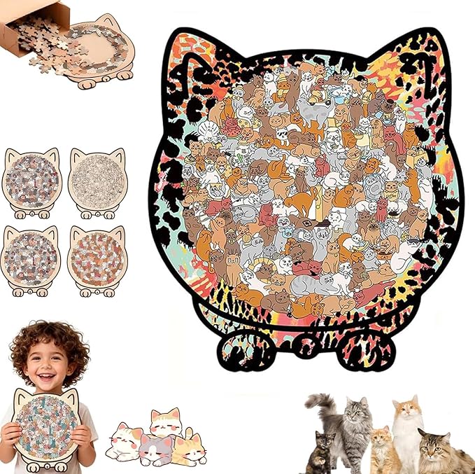 135-Piece Cat Shaped Wooden Jigsaw Puzzle - Mailard/Macaron/Wooden/Morandi-Colored Wood Puzzle, Cute Animal Cats Wood Puzzles Gift for C-at Lovers Home & Relaxation (Black, 9.3 * 8.6in)