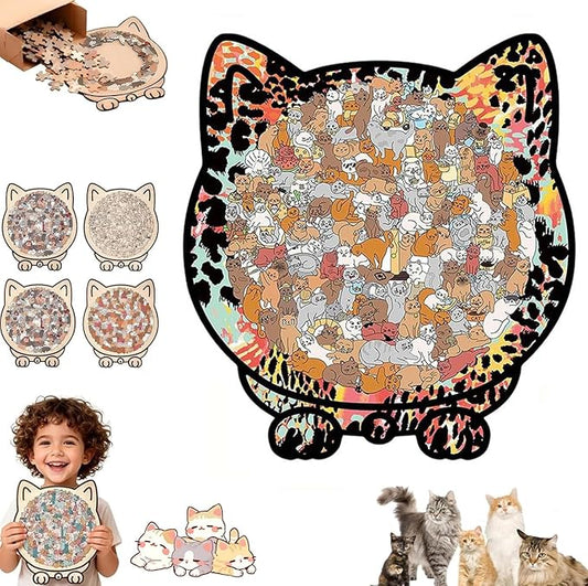 135-Piece Cat Shaped Wooden Jigsaw Puzzle - Mailard/Macaron/Wooden/Morandi-Colored Wood Puzzle, Cute Animal Cats Wood Puzzles Gift for C-at Lovers Home & Relaxation (Black, 9.3 * 8.6in)