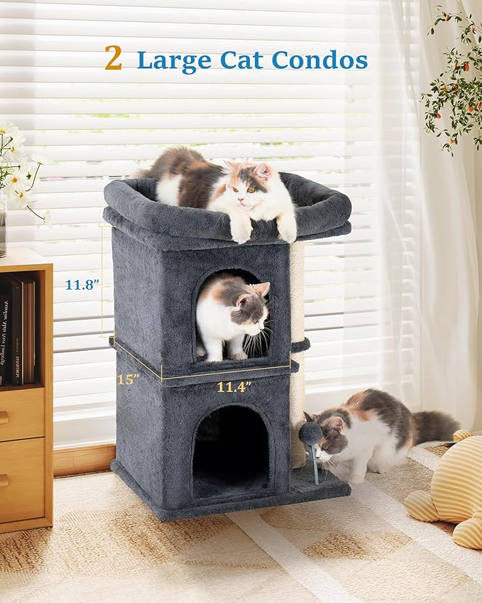 24in Cat Tree Tower with Scratching Post, 19 * 16.5in Window Perch Bed for Large Adult Cats, 2 Small Condo Cubbies for Indoor Kittens, Dark Gray
