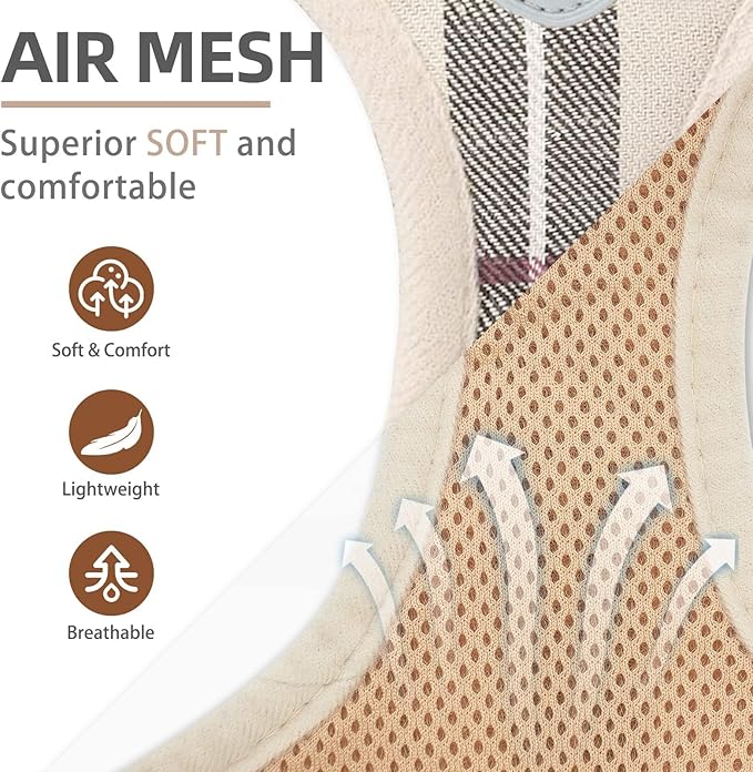 PUPTECK Adjustable Dog Harness Collar and Leash Set Step in No Pull Pet Harness for Small Medium Dogs Puppy and Cats Outdoor Walking Running, Soft Mesh Padded Reflective Vest Harnesses, Beige XL