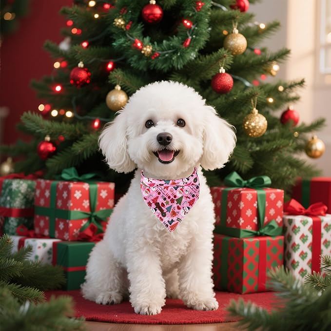 Lionet Paws Christmas Dog Bandana Washable Cotton Handkerchief Scarf Triangle Ho Christmas Tree Pink Bandanas for Medium Large Dogs Girl