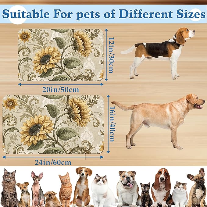 Vintage Sunflower Pet Feeding Mat for Floors–Absorbent Quick Dry Dog Cat Bowl Mat for Food and Water, Non Slip Waterproof Base, Mess-Free Feeding Accessories 16"x24"