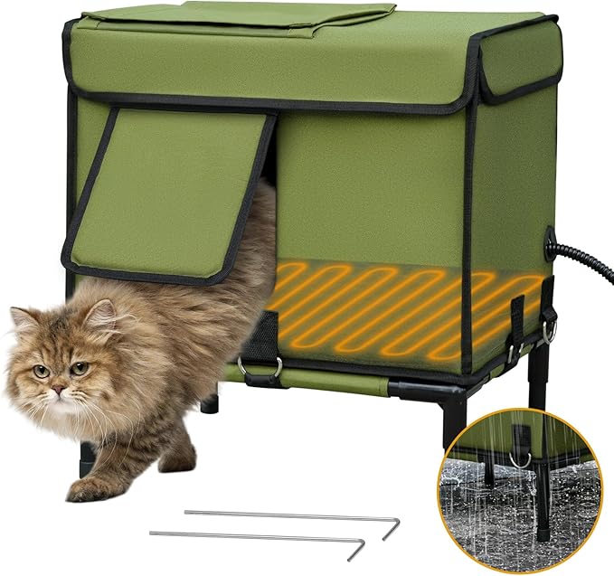 Palopalo Dewproof Heated Cat House for Outdoor Winter, Insulated Discreet Pet Shelter with Waterproof Heating Pad & Escape Door for Feral, Stray, Barn Kitty Cats (Army Green, 16.5"x12.5"x17.7")