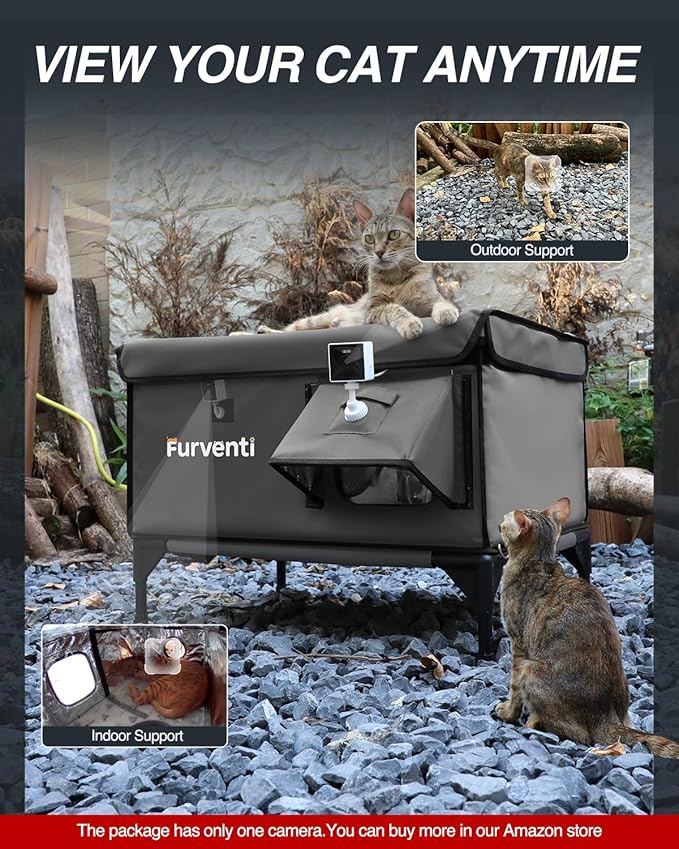 Heated Cat House for Outside,Dual Camera Mounts,100% Weatherproof & Extremely Insulated,Elevated Feral Cat Shelter with Escape Door,Waterproof Eaves for Outdoor Stray Barn Cat(Dark Grey, L with Cam)