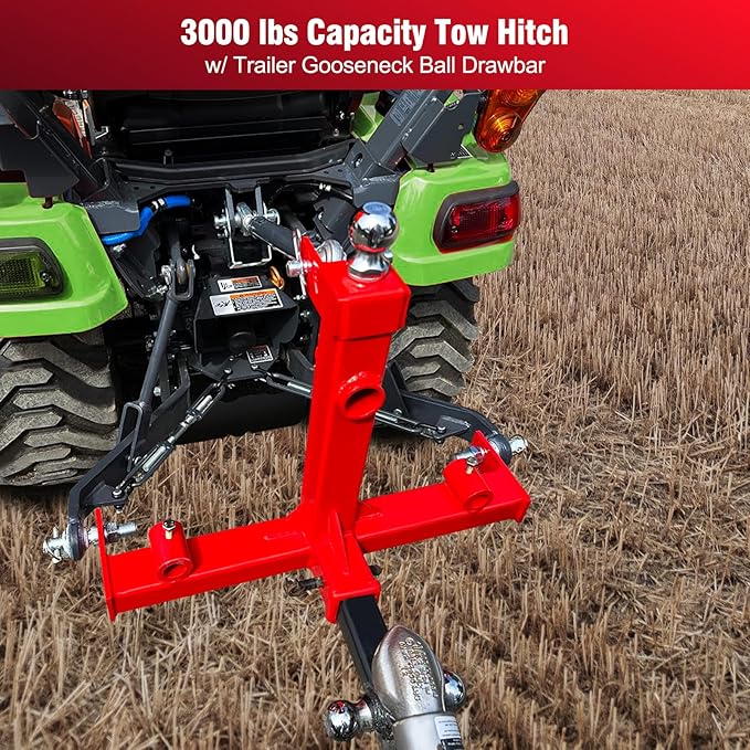 3 Point Gooseneck Trailer Hitch with 2 inch Receivers for Cat1, 3000lbs Capacity 3 Point Quick Hitch Attachment with Trailer Gooseneck Trailer Ball Drawbar Fits Category 1 Tractors