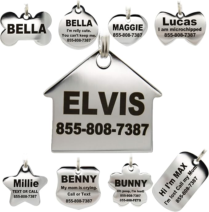 Stainless Steel Pet ID Tags - Engraved Personalized Dog Tags, Cat Tags Front & Back up to 8 Lines of Text – Bone, Round, Heart, Flower, Badge, House, Star, Rectangle, Bow Tie