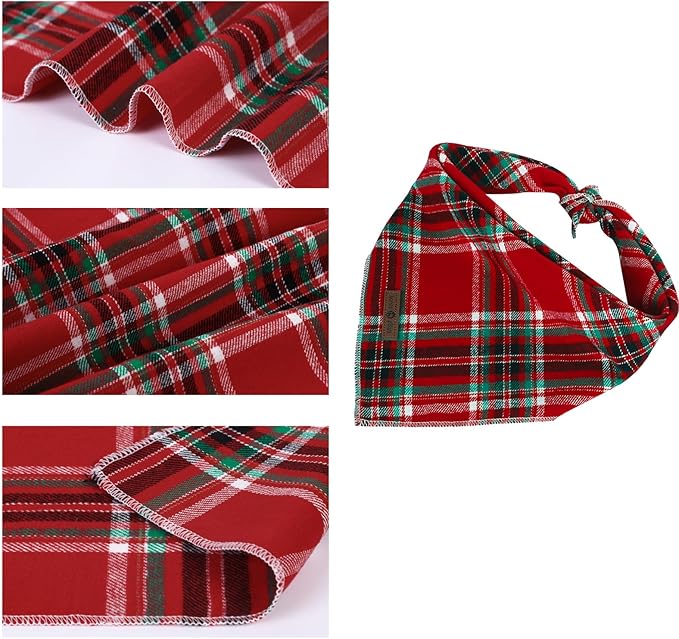 Lionet Paws Christmas Dog Bandana Washable Cotton Handkerchief Scarf Triangle Red Plaid Dog Bandanas for Medium Large Dogs Girl Boy