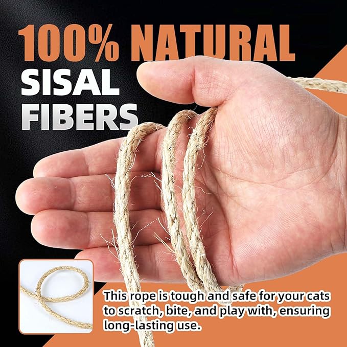 Twisted Sisal Rope 1/4" x 50ft - All Natural Chemical Free, Cat Tree Rope Twine for Scratching Post Repair, Replacement, and Crafts Gardening Home Decorating