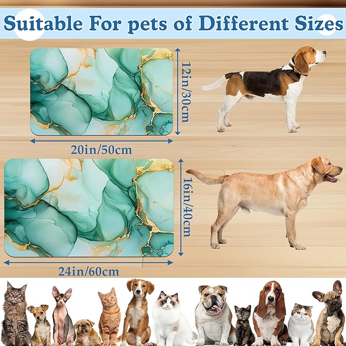 Green Marble Pet Feeding Mat for Floors–Absorbent Quick Dry Dog Cat Bowl Mat for Food and Water, Non Slip Waterproof Base, Mess-Free Feeding Accessories 12"x20"