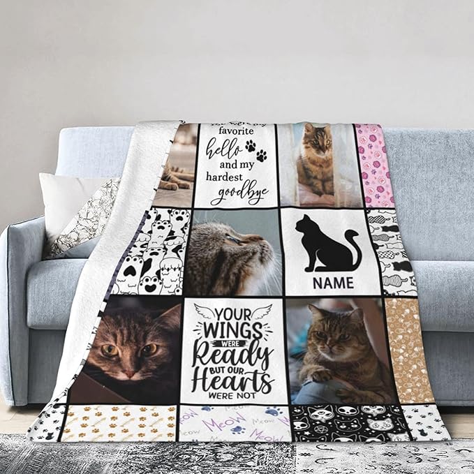 Funnylife Personalized Pet Memorial Gifts for Cats, Flannel Custom Cat Photo Memory Blankets Sympathy for Loss of Cat Bereavement Gifts 60" x 80"