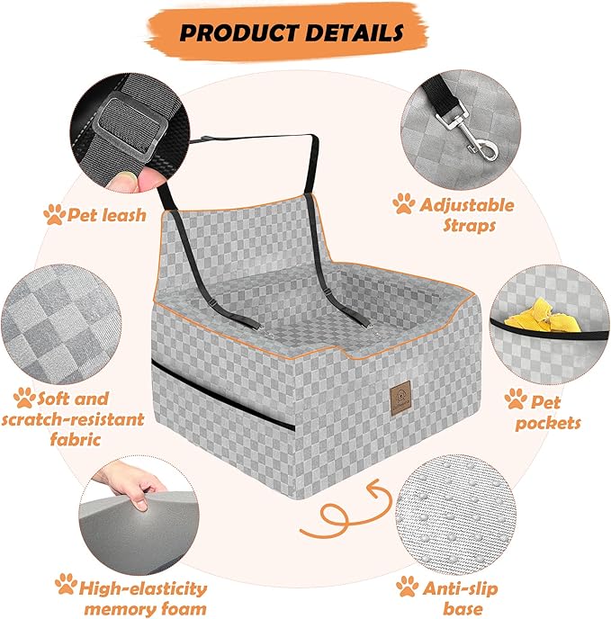 Large Dog Car Seat for Back Seat – Removable Dog Booster Seat & Washable Pet Car Seat for Medium & 2 Small Dogs up to 60lbs – Safety Straps & Storage Pocket – Travel & Home Use (Gray)