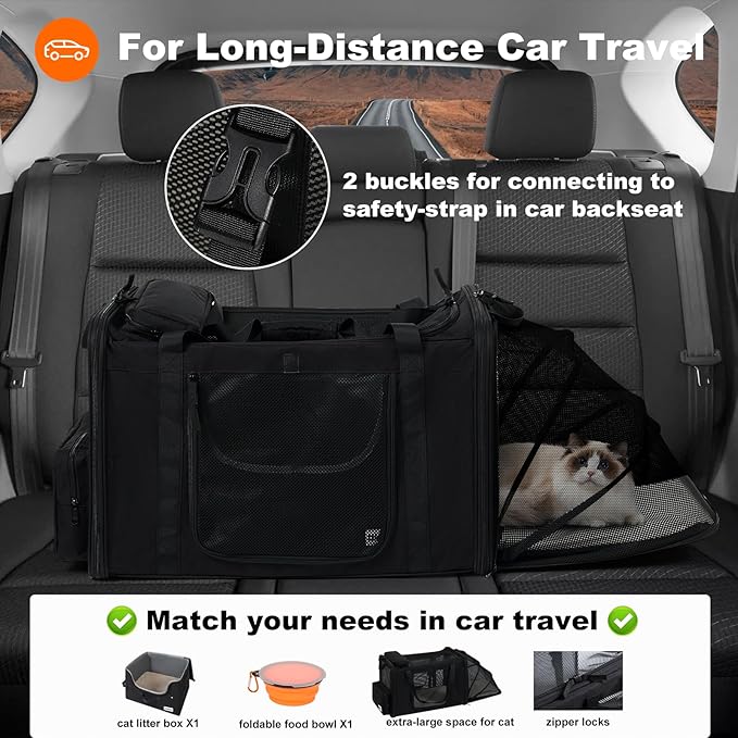 25''(L) x 17''(W) x 17''(H) Extra Large Expandable cat Carrier for car Travel,Soft Crate for 1 Large / 2 Medium Cats up to 35 lbs,Long Road Trip cage with a Leakproof Portable Litter Box