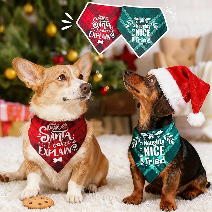 Christmas Dog Bandanas Pets Funny Holiday Costume Gift Xmas Stocking Stuffers - Naughty Nice I Tried, Green Plaid, Medium & Large Breed, 25-75lbs