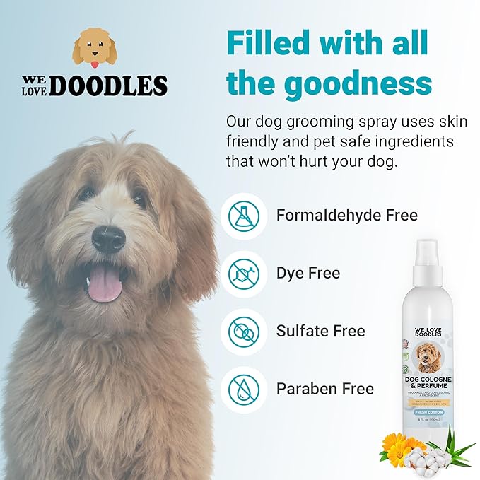 We Love Doodles Dog Face Comb and Dog Cologne & Perfume Bundle - Fine Tooth Flea Comb for Dogs and Tear Stain Remover Metal Comb - Deodorizing Pawfume for Pets, Organic, Long Lasting After Bath, Made