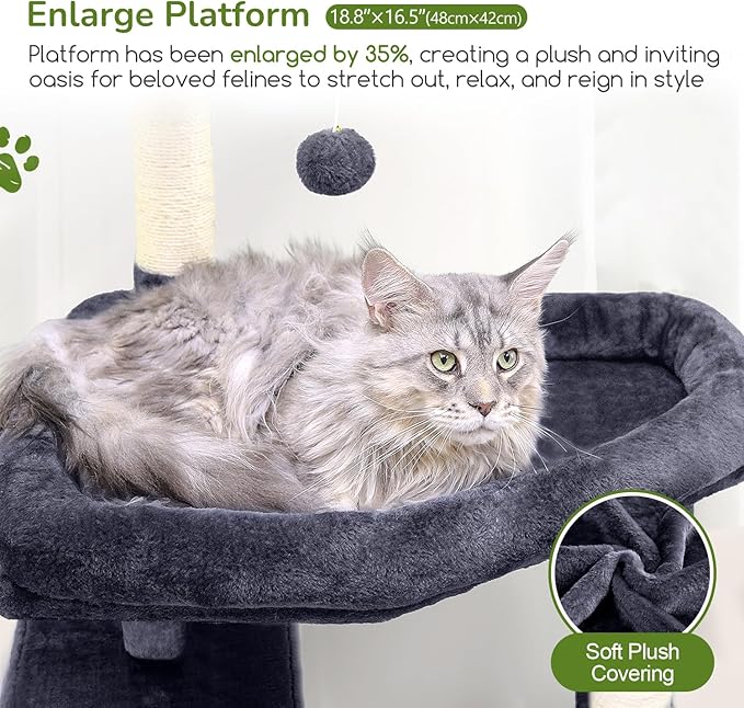 Globlazer Extra Large Platform Cat Tree, 65in Sturdy Cat Scratching Tree for Indoor Cats Large Adult, Big Cat Perch Tower with 3 Padded Perches, 6 Scratching Posts, Cat Condo, Hammock, S65, Dark Grey