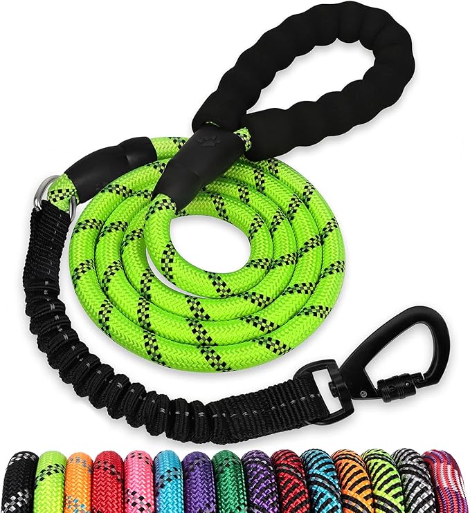 Rope Dog Leash 4 FT: Heavy Duty Leashes with Swivel Lockable Hook Reflective Threads Bungee and Padded Handle - Dog Lead for Large Small Medium Dogs Outside Walking Hiking Green