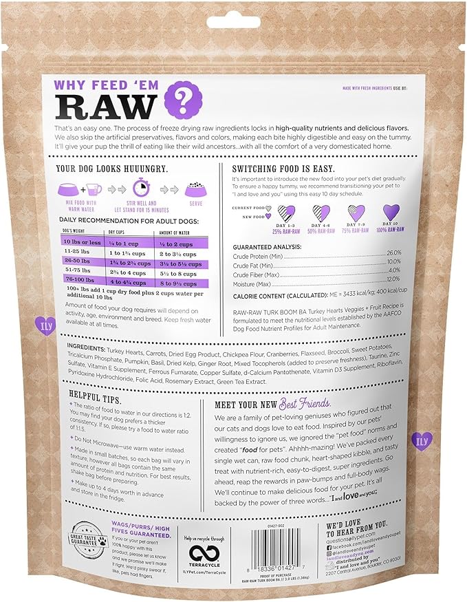 I AND LOVE AND YOU Stir and Boom Dehydrated Freeze Dried Raw Dog Food - Turkey - Grain Free, Real Meat, No Fillers, 3lb Bag