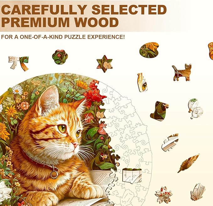 KAAYEE Wooden Puzzles for Adults, Flower Kitten Reading Puzzles, 200 Piece Unique Animal Shape Puzzle, Cat Wood Puzzle for Adults, Creative Gifts for Cat Lover/Friends/Family(11.4 * 11.4in)