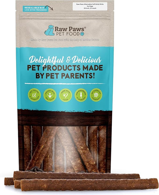 Raw Paws Alternative Soft Bully Sticks for Dogs, 10-Inch (15-Count) - Made in USA - Dog Chews Rawhide Free - Soft Dog Chews for Senior Dogs & Teething Puppies