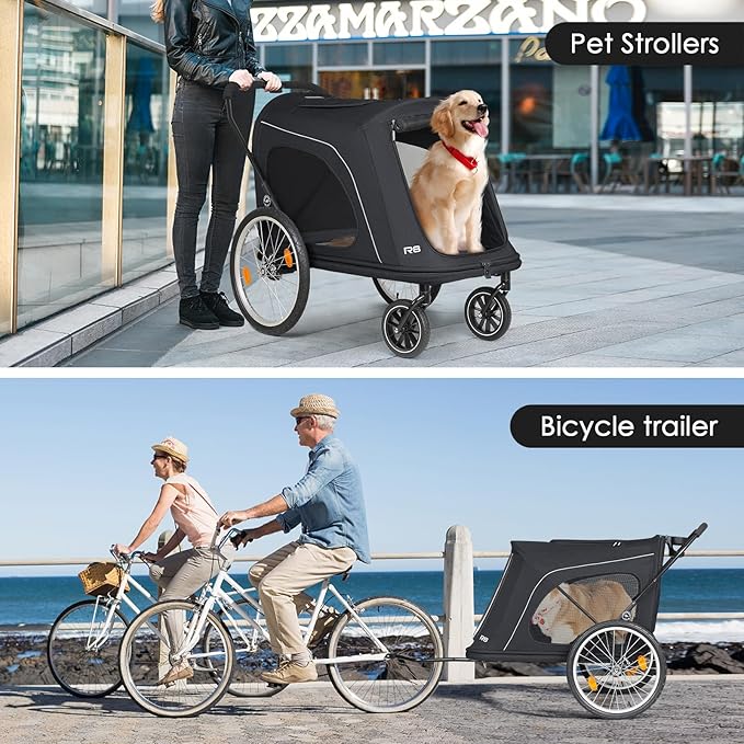 R8 Pro Extra Large Foldable Pet Stroller, Dog Stroller & Pet Trailer for Large Dogs Under 100 lbs, Unmovable, Disabled & Pregnant Dogs - Conveniently Carriable by Bike and Car, Black