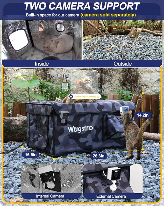 Heated Cat House for Outside, Waterproof Awning & Escape Door Heated Cat Houses for Indoor/Outdoor Cats in Winter, Elevated & Insulated Outdoor Cat Shelter for Feral Cat(Black Camo, 25"x16"x12")