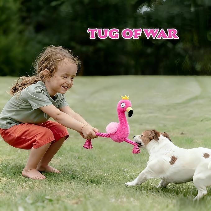 Plush Flamingo Dog Toy with Rope Legs, Pink, Interactive Squeaky Chew Toy for Small, Medium Dogs, Tug-of-War Play