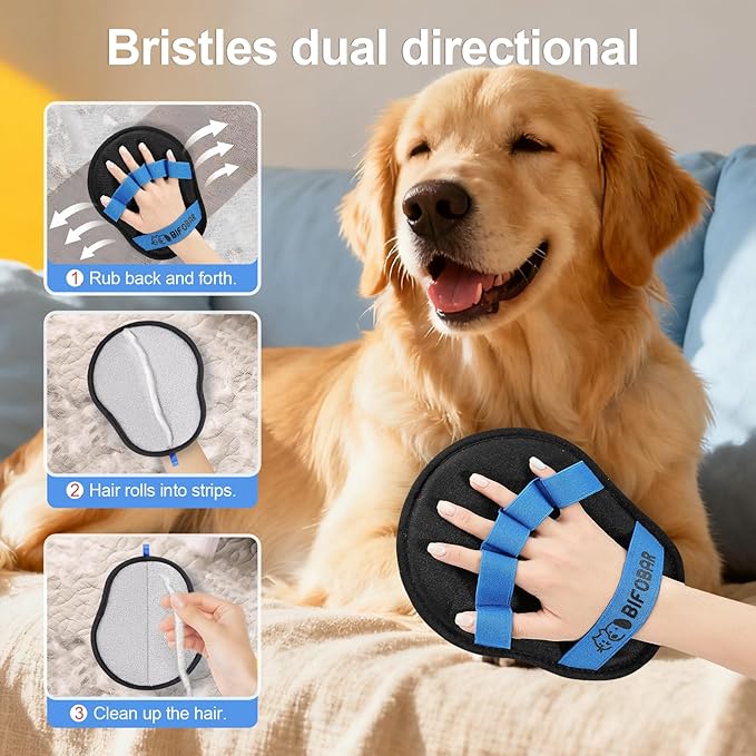 Pet Hair Removal Glove - Magic Brush Electrostatic Mitt for Dogs & Cats, Reusable Grooming Gloves - Dog Hair Remover Tool with 5-Finger Design for Couch, Carpet, Furniture, Laundry & Clothing(Blue)