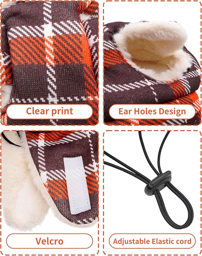 PET SHOW Dog Trapper Hat Winter Hat for Extra Small Dogs Cats Thanksgiving Warm Fleece Aviator Hats with Ear Flaps Adjustable Outdoor Boy Puppy Pet Pilot Costume Cap XS-Orange Plaid/with Ear Holes