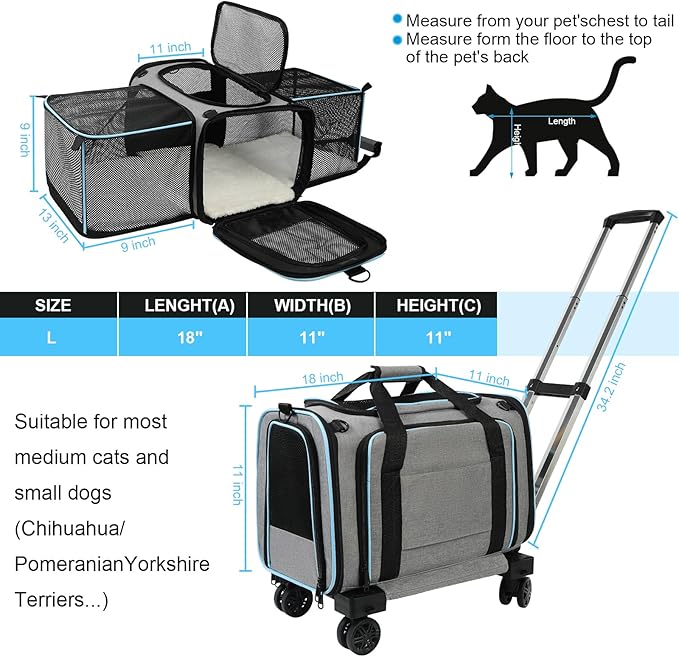 Pet Carrier Airline Approved, Expandable Pet Cat Carriers with Wheels for Dogs, Airline Approved Cat Dog Carrier, TSA Approved Pet Carrier In Cabin, Pet Dog Cat Carrier Soft, Cat Travel Carriers(Grey)