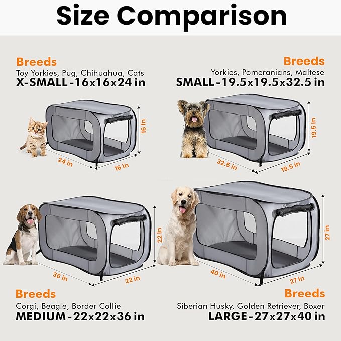 Beatrice Home Fashions Portable, Collapsible, Pop Up Kennel Travel Cat and Dog Crate, 40" L x 27" W x 27" H, Gray