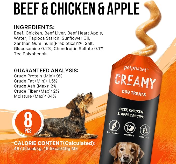 PETPHABET Lickable Squeeze Treats for Dogs, Wet Dog Food Meal Topper, Creamy Puree Dog Snacks, Puppy Pouch Treats for Training and Enrichment, Healthy Beef Chicken & Apple Recipe (8 ct/1.4 oz Each)