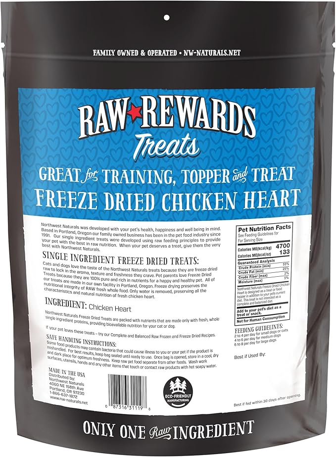 Northwest Naturals Raw Rewards Freeze-Dried Chicken Heart Treats for Dogs and Cats - Bite-Sized Pieces - Healthy, 1 Ingredient, Human Grade Pet Ingredients, Natural, Made in USA, 10 Oz (Pack of 3)