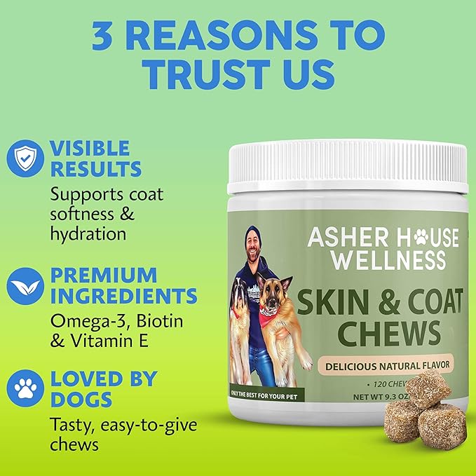 Asher House Wellness Skin & Coat Chews - Dog Itching Skin Relief with Omega 3, 6, 9, Fish Oil, Biotin - Dogs Itchy Paw Licking Chewable Treats, Puppy Dry Itch Supplement - 120 Soft Chews
