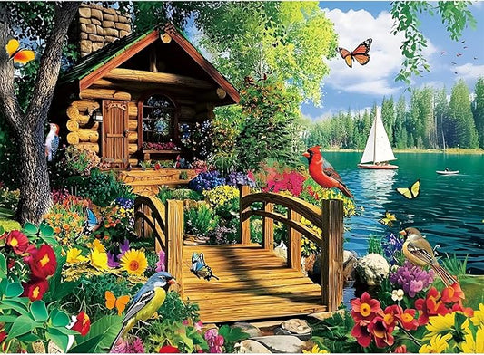 300 Piece Puzzles for Adults,Lake Cabin Jigsaw Puzzle for Adults Kids Elderly,Large Piece Countryside Puzzle for Kids Age 8-10 10-12,Challenging Landscape Puzzle,Family Game Great Gift 20.5x15in
