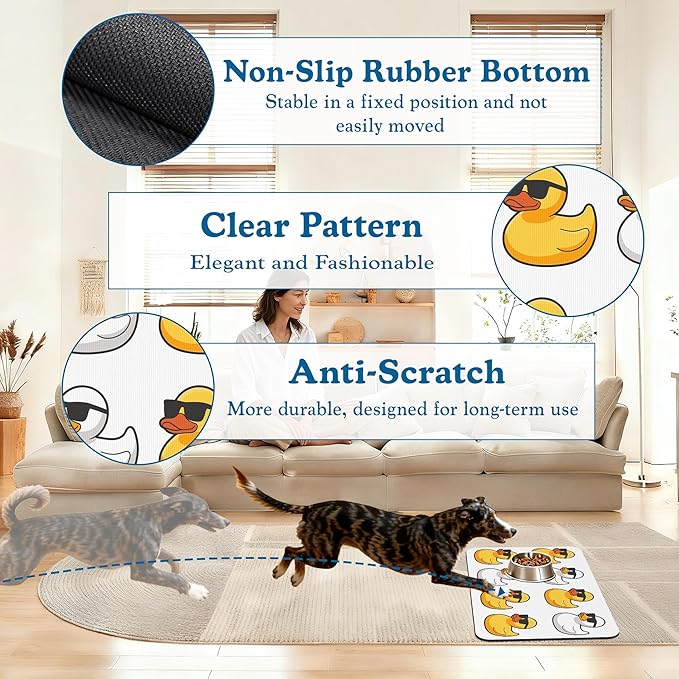 Cute Ducks Glasses Pet Feeding Mat for Floors–Absorbent Quick Dry Dog Cat Bowl Mat for Food and Water, Non Slip Waterproof Base, Mess-Free Feeding Accessories 12"x20"