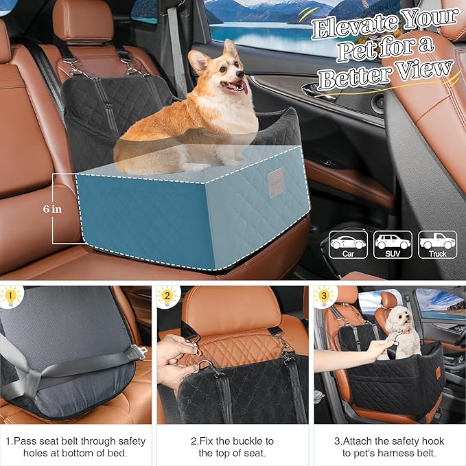 Small Dog Car Seat, Memory Foam Dog Booster Car Seats with Thick Cushion for Medium Dogs Under 35lbs, Detachable Washable Pet Seat with Storage Pockets,2 Safety Belts (Black, Medium)