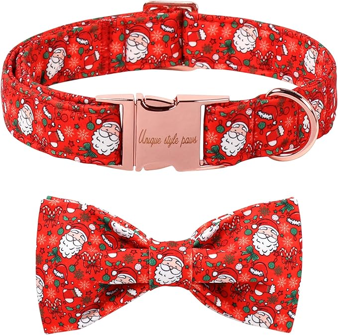 Unique Style Paws Christmas Dog Collar with Bow Red Hat Christmas Man Cotton Puppy Collars for Small Medium Large Dogs