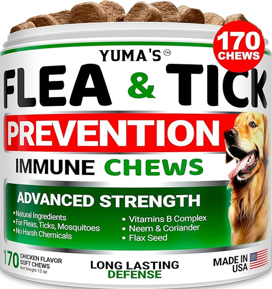 Flea and Tick Prevention for Dogs Chewables - 170 Treats - Natural Dog Flea and Tick Treatment Chewable Supplement - Oral Pills - All Breeds & Ages - Soft Chews - Made in USA - Chicken Flavor