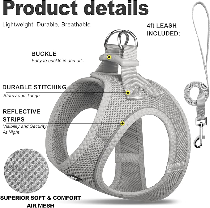 Fida Comfy Dog Harness with Leash, Soft Puppy Vest Escape Proof, Breathable Lightweight Soft Mesh, Adjustable Reflective Step-in Harness for Small Pets Walking (Small, Grey)