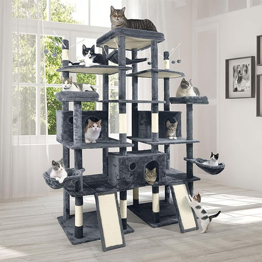 Extra Large 80-Inch Tall Cat Tree w/Widened Perch for Large Cats, Big Cat Tower Indoor, Modern Multi-Level Activity Tower with Scratching Posts, Condos, Baskets, Hammock, Scratching Ramps