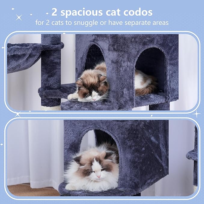 Hey-brother Cat Tree Tower, Sturdy Scratching Posts with Platform, Large Condos, Hammock, Removable Toys, Scratch Board, Multi-Level Furniture for Indoor Cats, 59.0 or 72.8 Inches, Smoky Gray MPJ055G