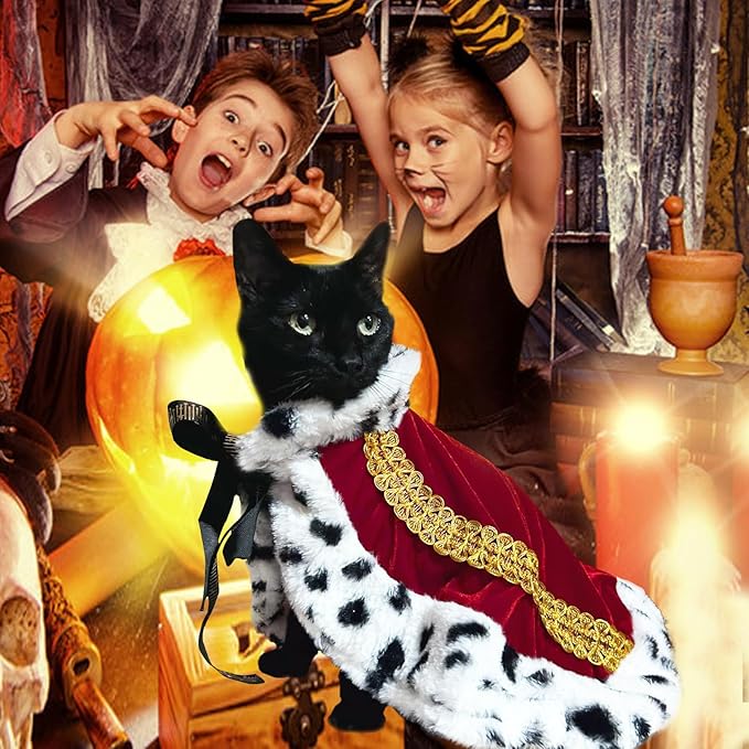 Pet Cloak King Dog Cape Robe Cute Halloween Christmas Cat Costume Queen Clothes Lux Fur Royal Cape Prince Princess Outfit Birthday Dress Small Large Dog Halloween Costume (Crimson, Small)
