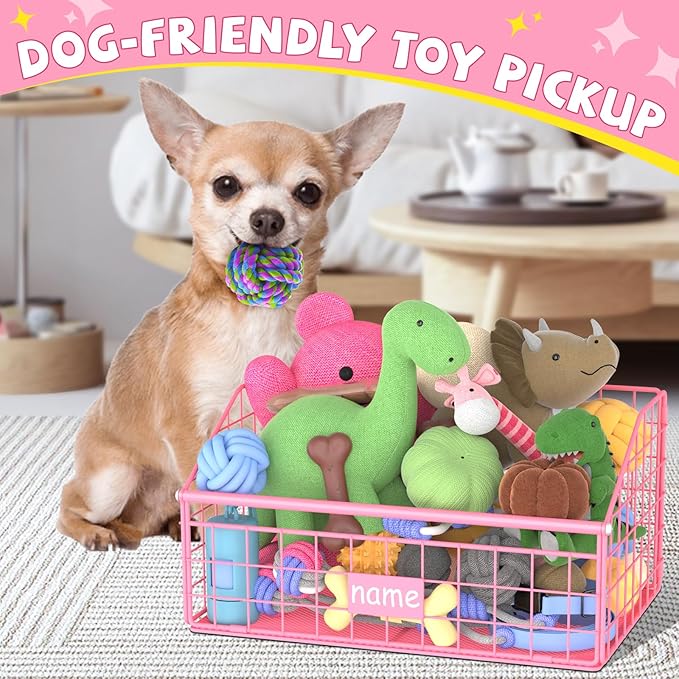 Indestructible Dog Toy basket, Small Toy Box for Dogs, Pet Toy Bin Dog Metal Basket for Toys, Toy Storage Organizer,Dog Toy Box for Living Room Area(Pink)