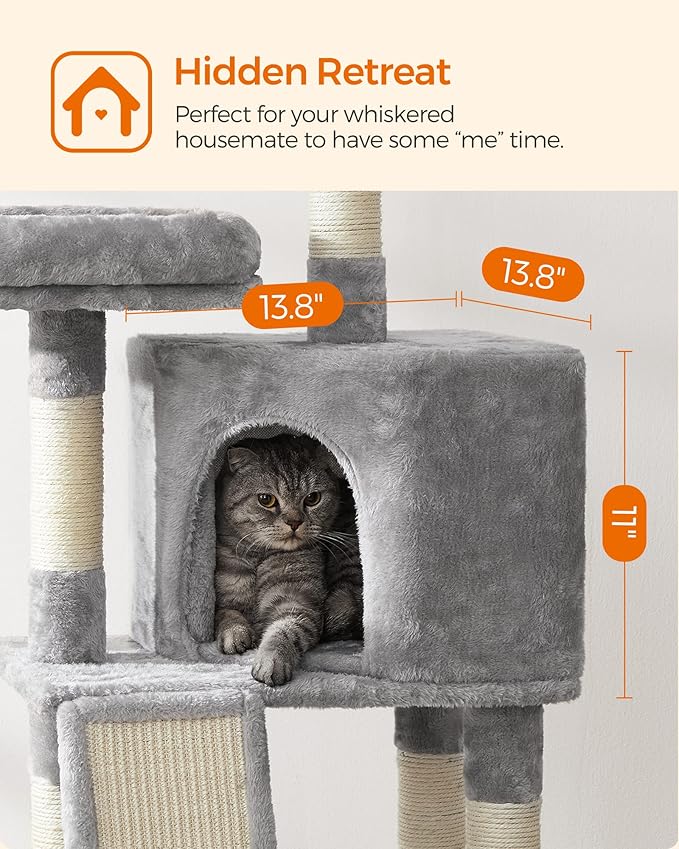 Feandrea Cat Tower, Cat Tree for Indoor Cats, 45.3-Inch Cat Condo with Scratching Post, Ramp, Perch, Spacious Cat Cave, for Kittens, Elderly Cats, Adult Cats, Small Space, Light Gray UPCT141W01