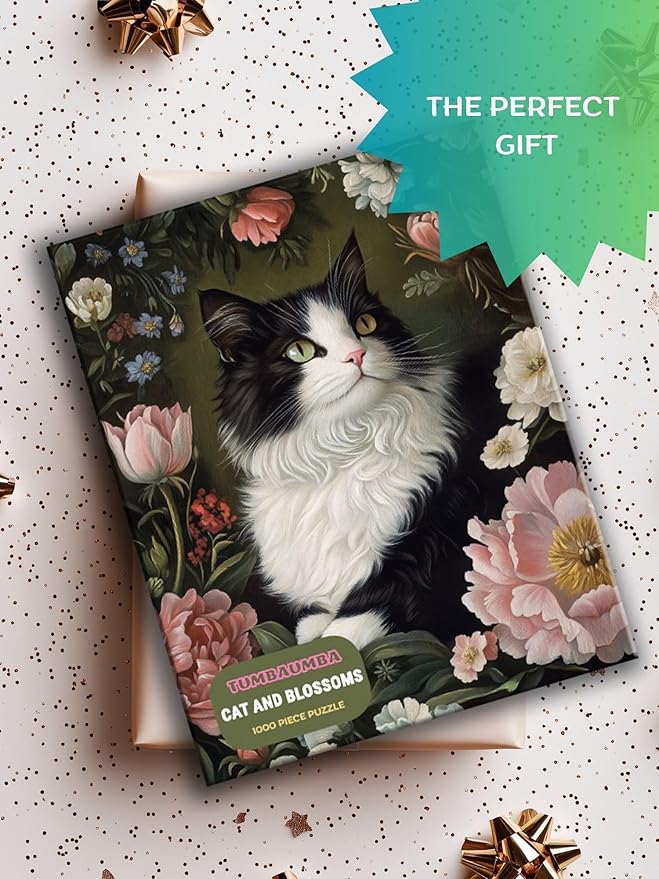 Cat in Blossoms, 1000 Piece Puzzle for Adults, Hard Challenging Jigsaw Puzzle with Bonus Poster Included. Vintage Cat and Flowers Puzzle. TumbaUmba. Beautiful Art Puzzle.