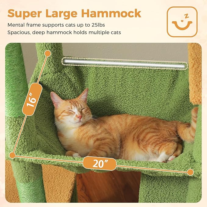 71 Inch Tall Cactus Cat Tree for Indoor Cats Large Adult, Multi-Level Cat Tower with Extra Large Hammock, 2 Cat Caves, Spacious Top Perch, Scratching Pad, Green