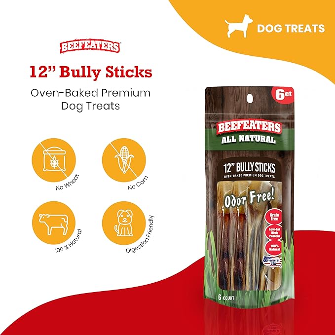 Beefeaters 12in Bully Sticks 6ct – All-Natural, Highly Digestible, Promotes Dental Health, No Additives or Preservatives, Ideal for Training & All Dog Sizes