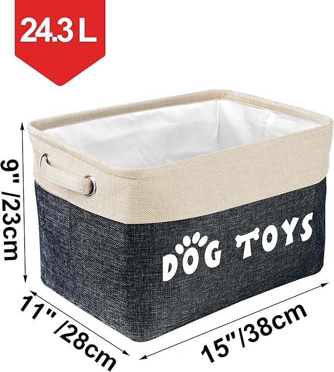 PET ARTIST Dog Toy Basket, Collapsible Dog Toy Bin Box with Comfortable Handles, Large Pet Toy Storage Organizer for Accessories, Toys, Coat & Clothing, Blanket & Leash, Black, 15"x11"x9"